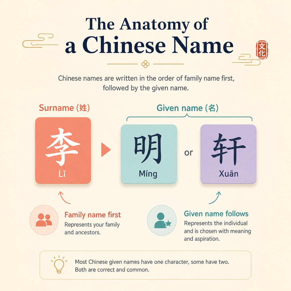 visual breakdown of chinese name structure showing surname and given name positions