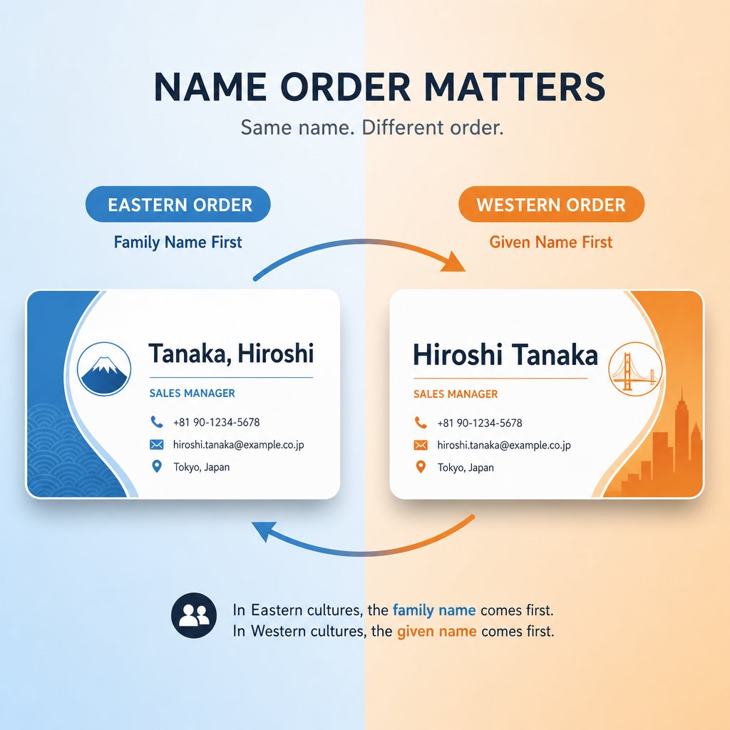visual comparison of chinese name order versus western name order in professional contexts