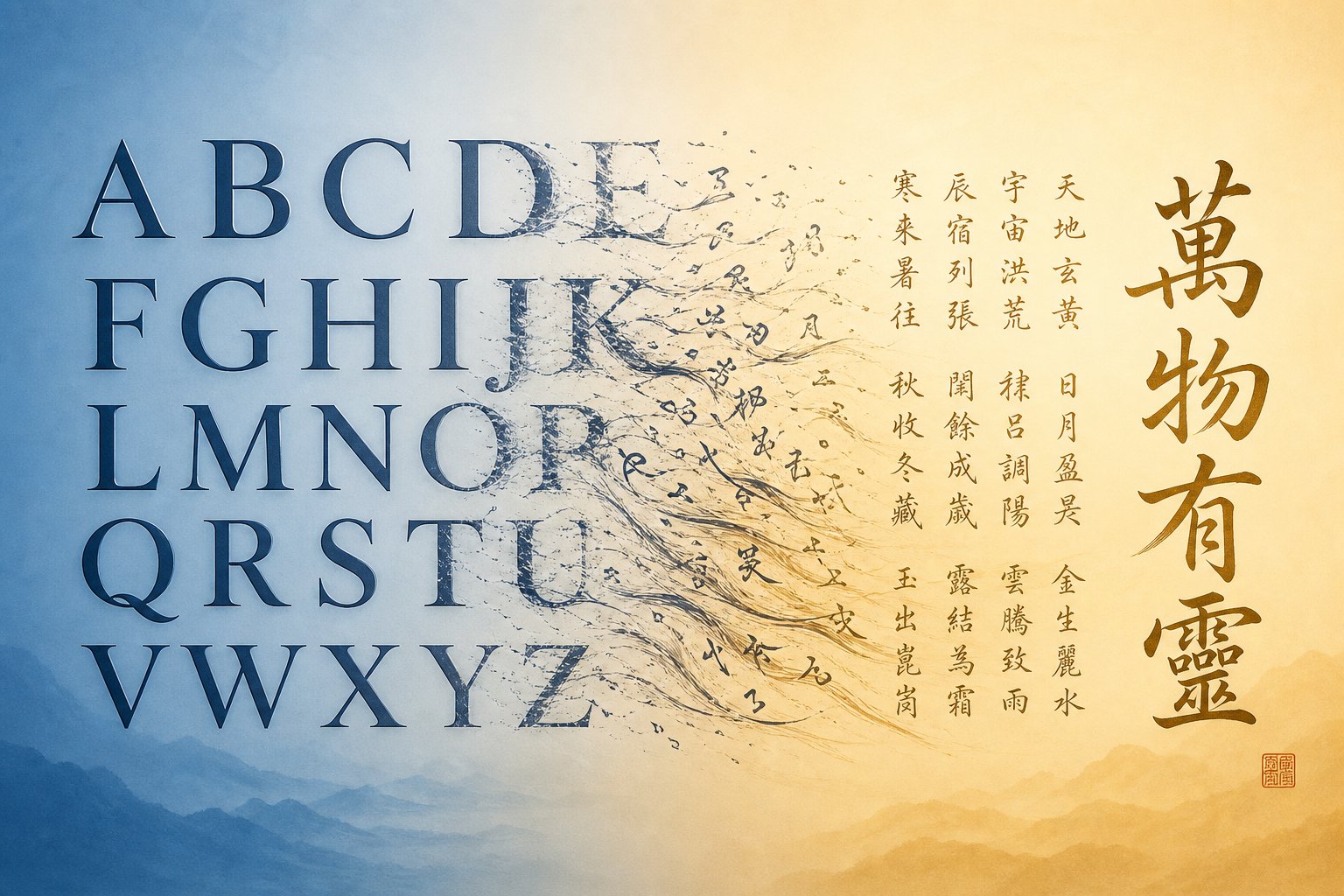 visual concept of english names transforming into chinese characters through phonetic transliteration