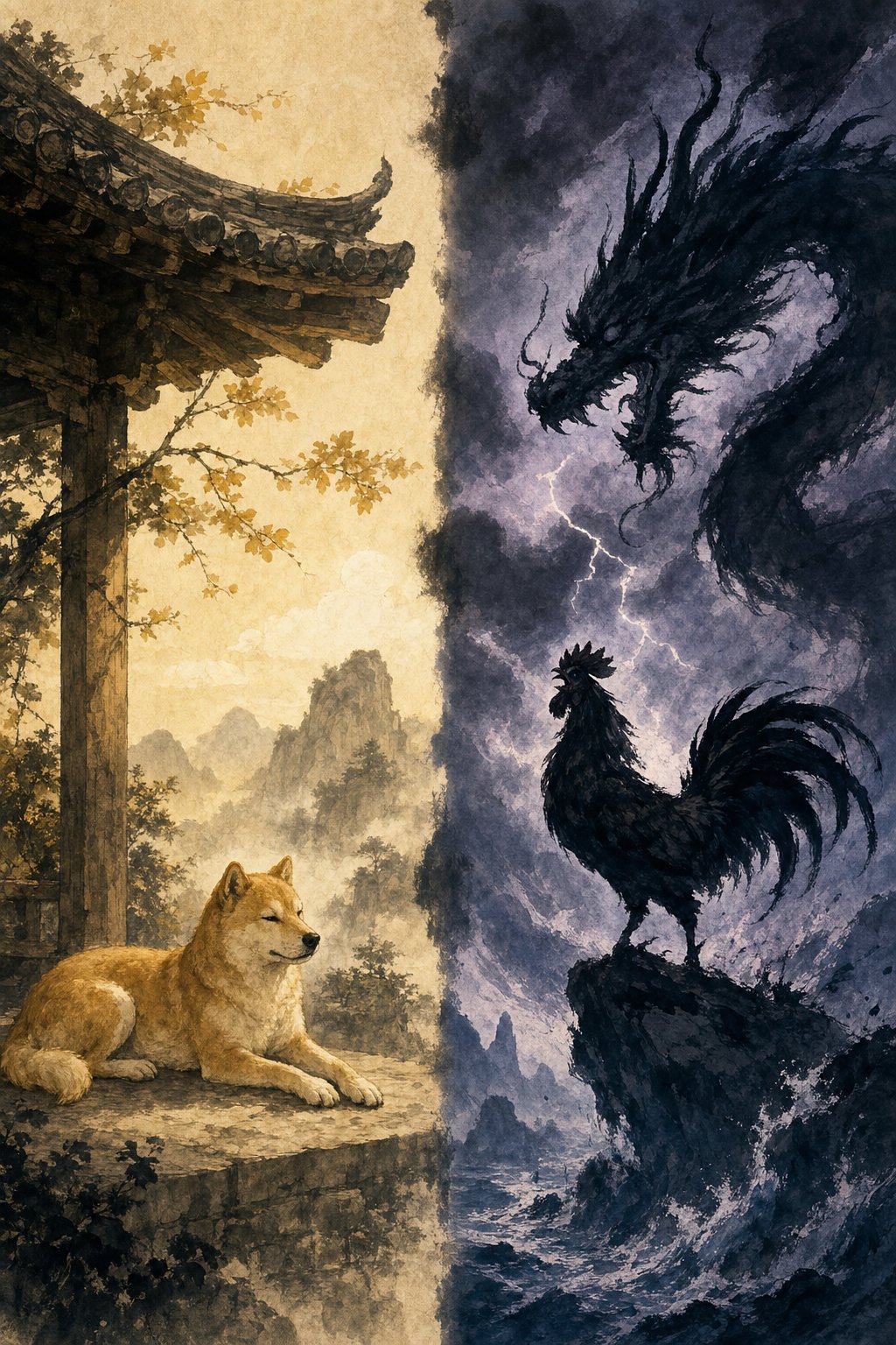 visual contrast between harmonious shelter energy and conflicting dragon rooster zodiac forces for dog year people