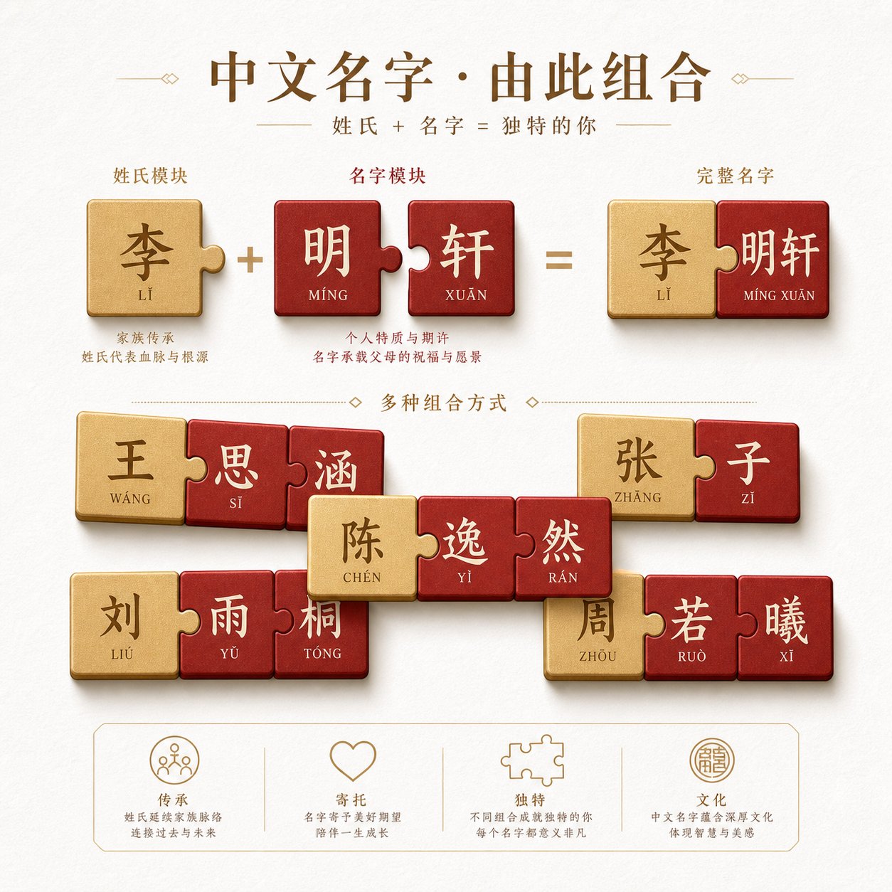 visual representation of how surname and given name characters combine to form chinese names of different lengths