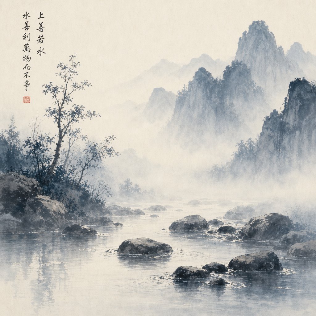 water flowing around stones embodying the taoist principle that softness overcomes hardness