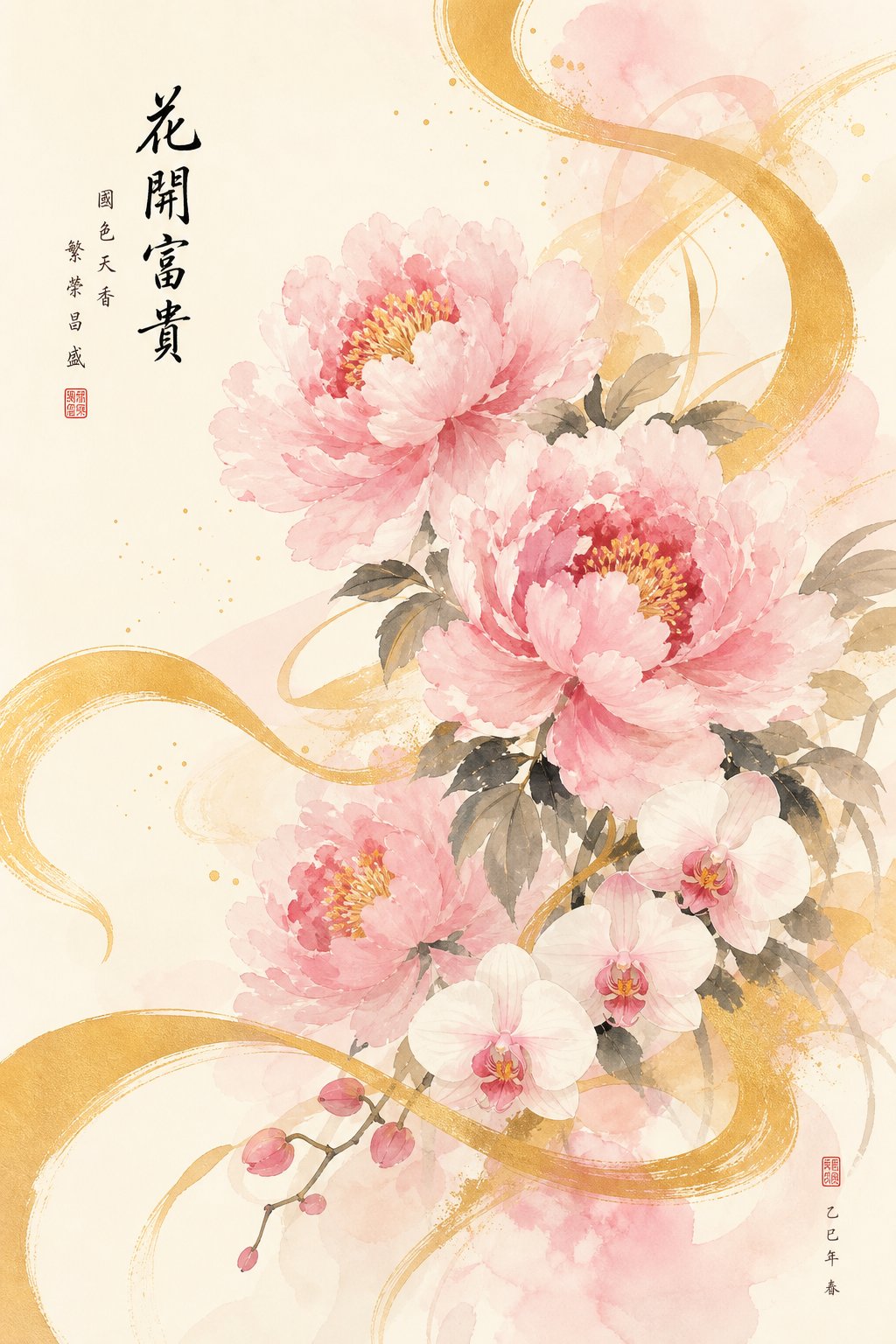 watercolor peonies and orchids representing the flourishing prosperity encoded in chinese girl names meaning success