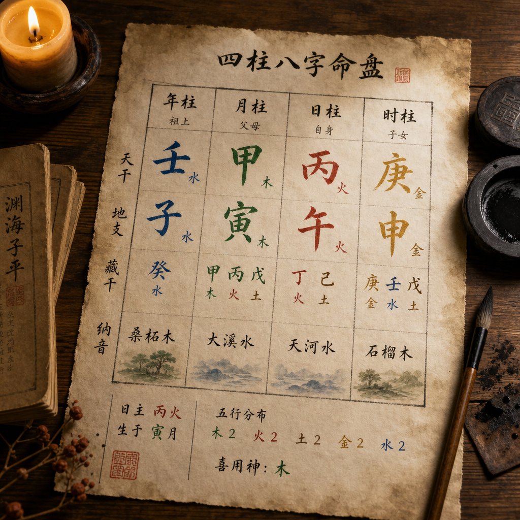 a bazi birth chart mapping the four pillars to their elemental associations for name selection