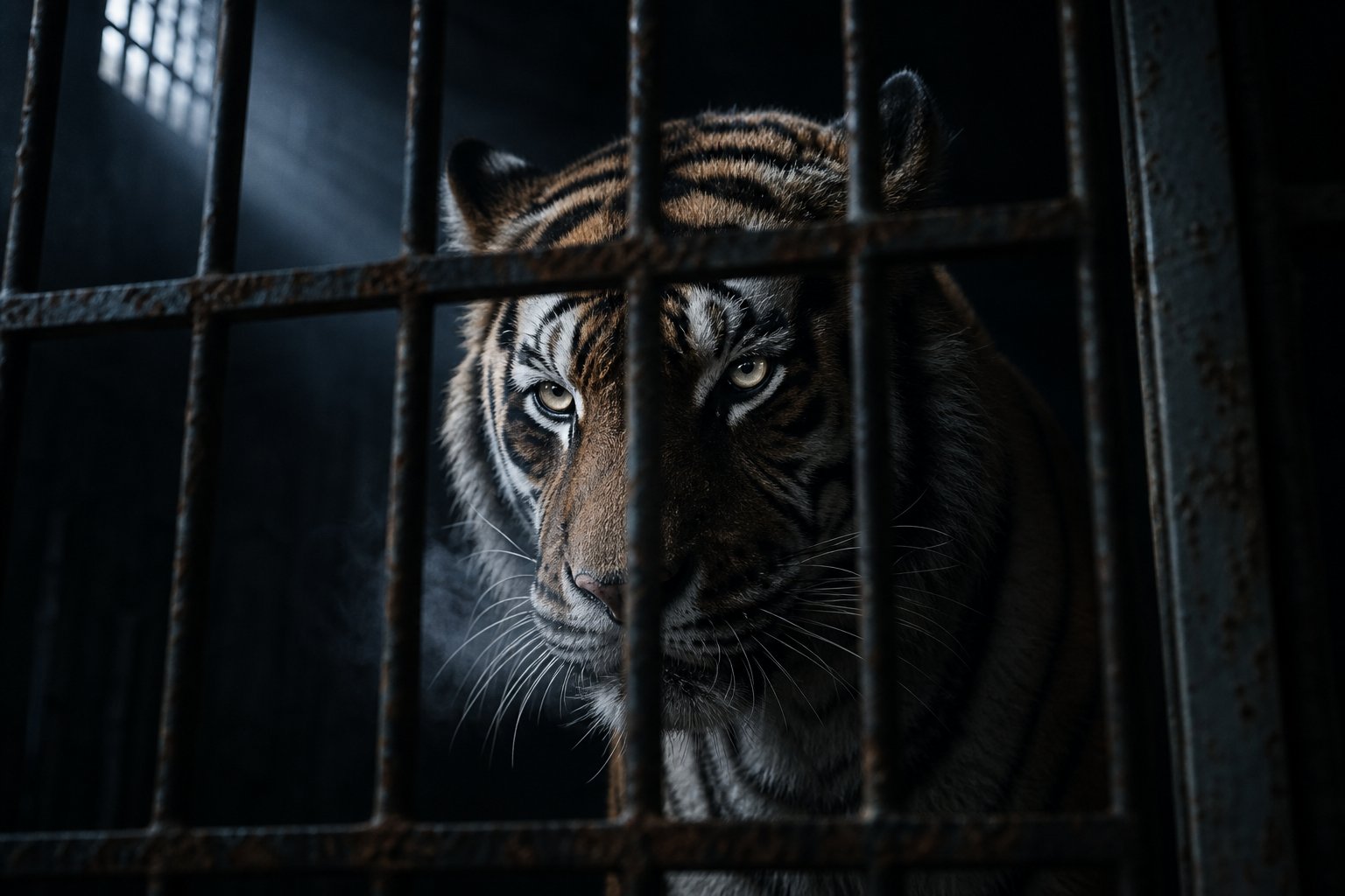 a caged tiger illustrating why enclosure radicals should be avoided in tiger zodiac names