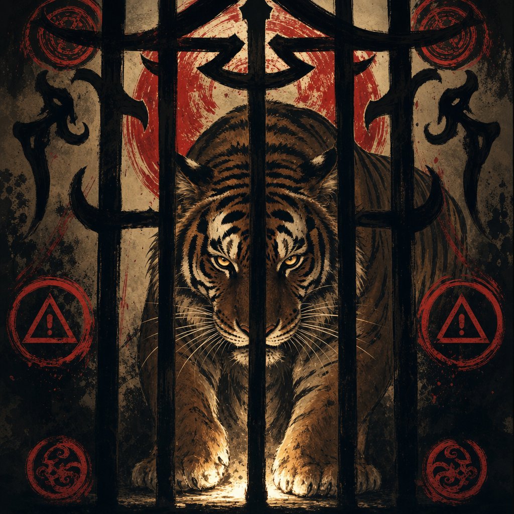 a caged tiger symbolizing how enclosure radicals create unfavorable trapped energy in zodiac naming