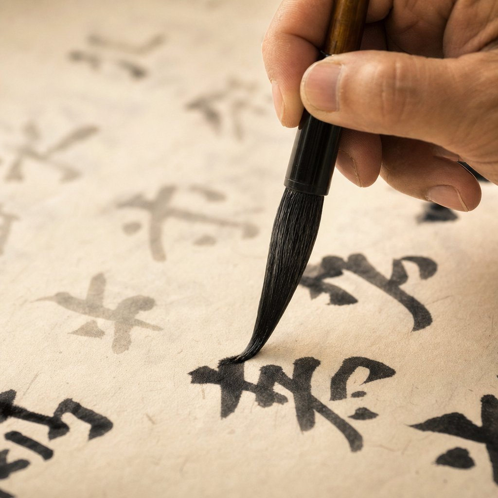 a calligrapher crafting a new character that echoes an ancestor's name through shared radicals and meaning