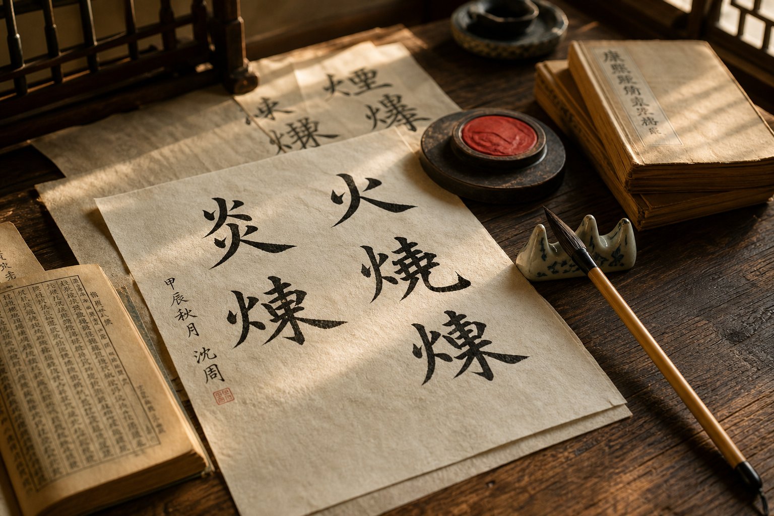 a calligrapher's workspace with fire element characters freshly written on rice paper representing the art of chinese name selection