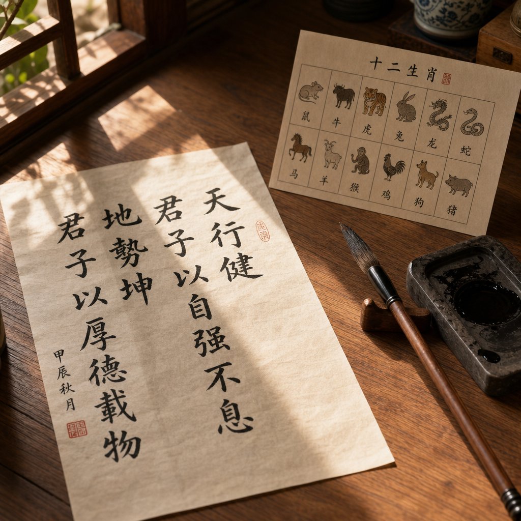 a calligraphy workspace representing the practical process of selecting zodiac aligned characters for a chinese name