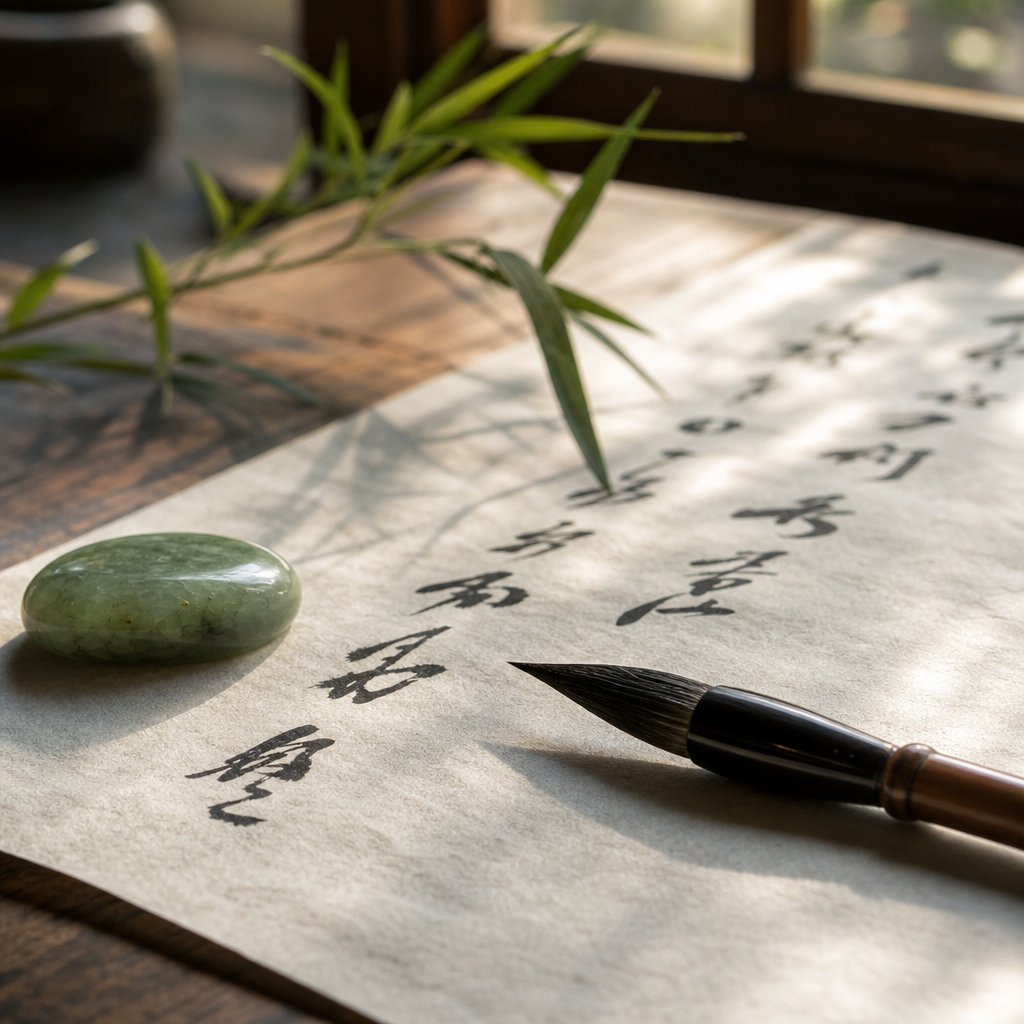 a calligraphy workspace where gender neutral chinese characters come to life through brush and ink on traditional rice paper
