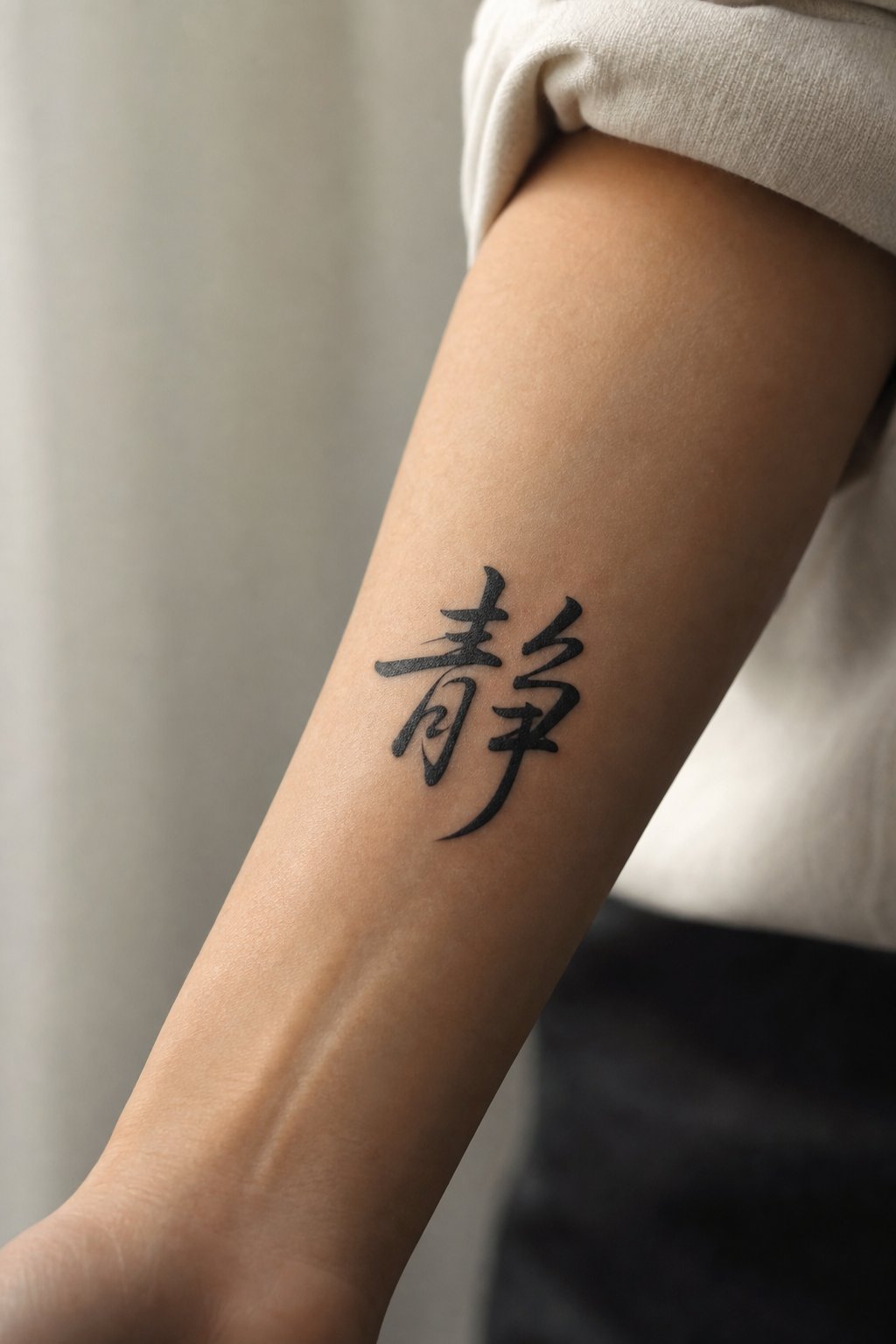 a chinese character tattoo on the inner forearm demonstrating clean brushstroke variation and proper sizing for legibility