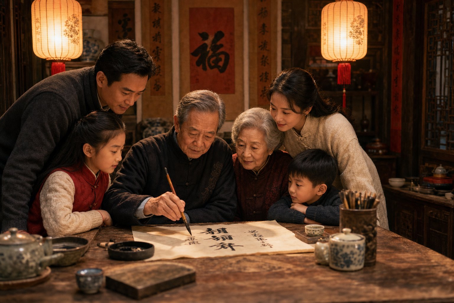 a chinese family consulting together on naming a child reflecting the tradition of elder involvement in the naming process