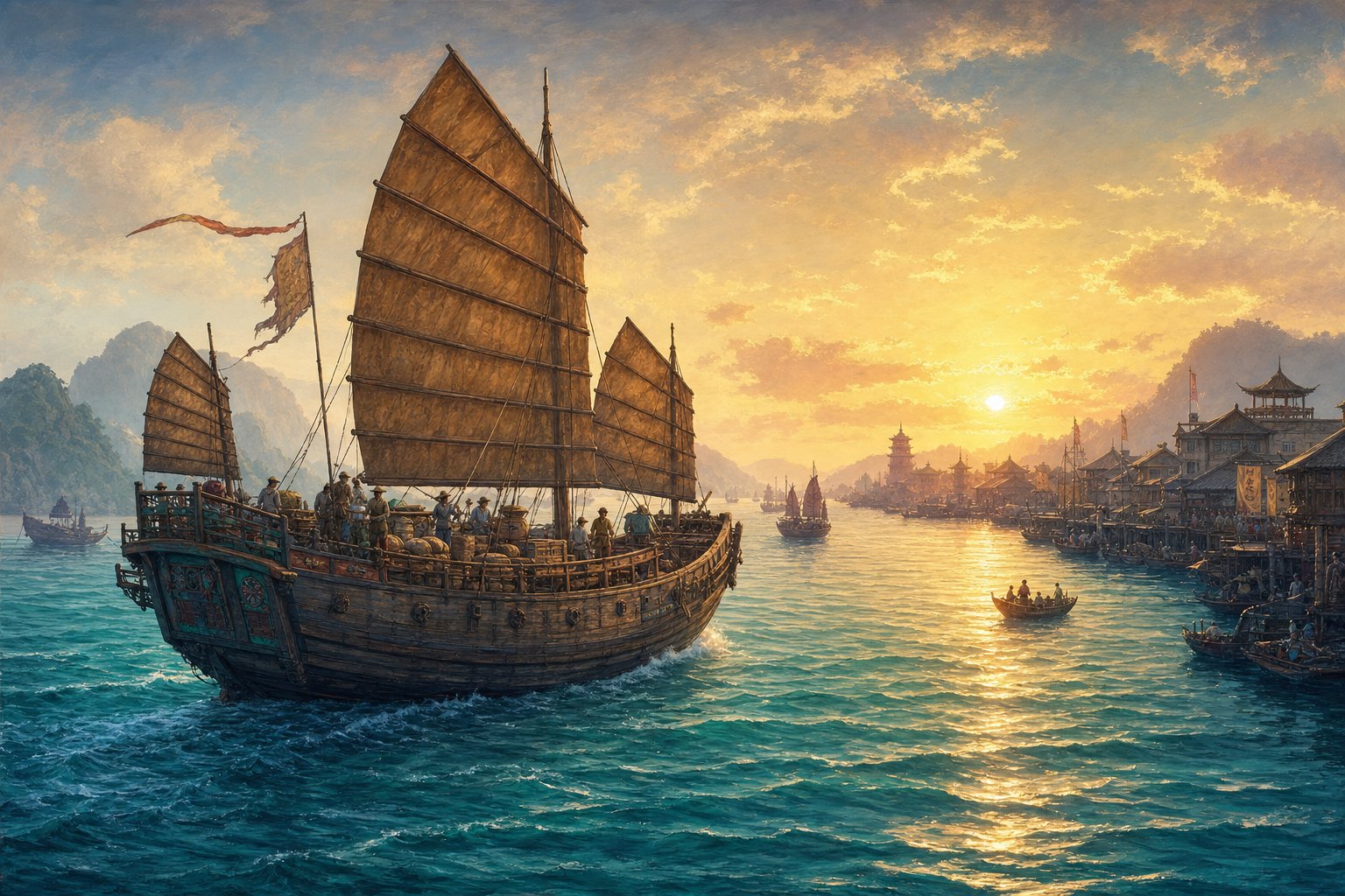 a chinese trading junk sailing toward southeast asian shores representing centuries of hokkien maritime migration that carried the gao surname overseas