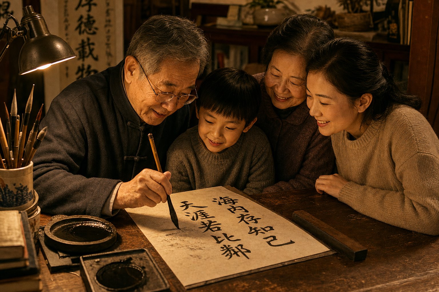 a family carefully selecting chinese characters for a child's name using traditional calligraphy tools