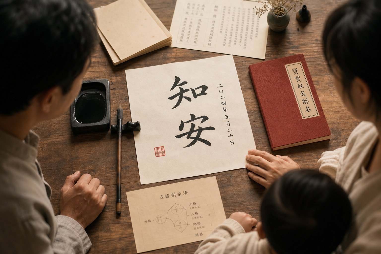 a family naming session with traditional calligraphy tools representing the step by step naming process