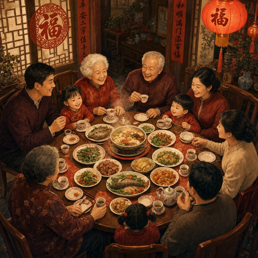a family sharing a harmonious meal together embodying the idiom 家和万事兴 (family harmony brings prosperity)