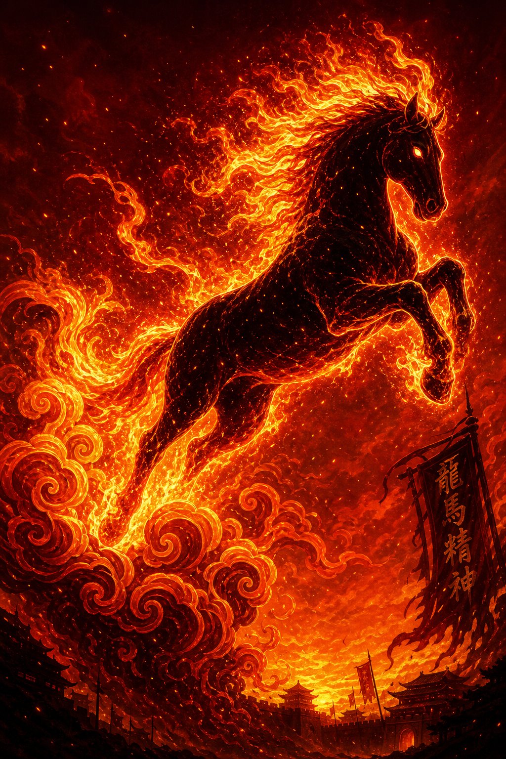 a fiery horse leaping through flames representing the rare and powerful fire horse zodiac energy of 2026