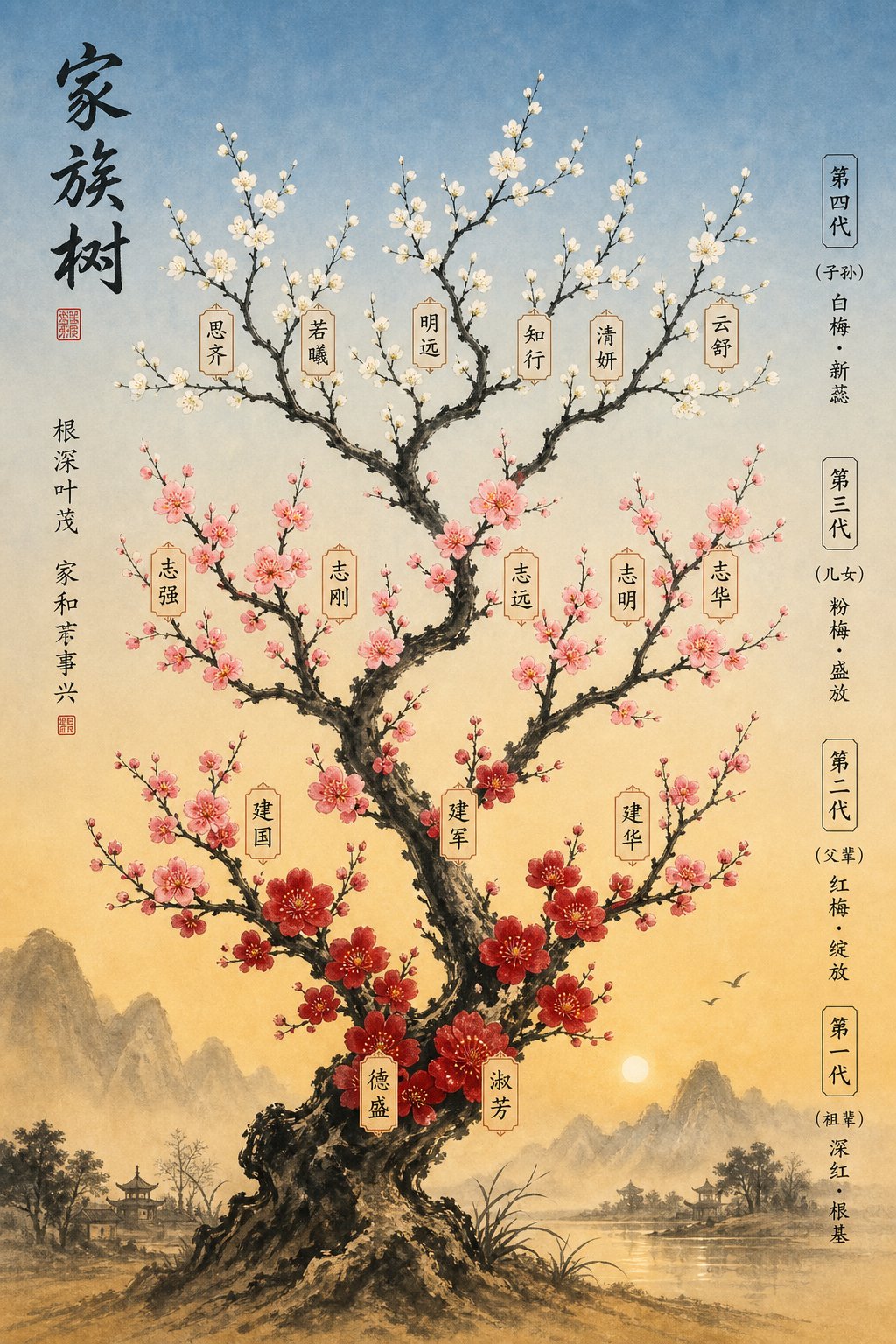 a generational family tree illustrating how chinese naming systems assign distinct characters to each generation