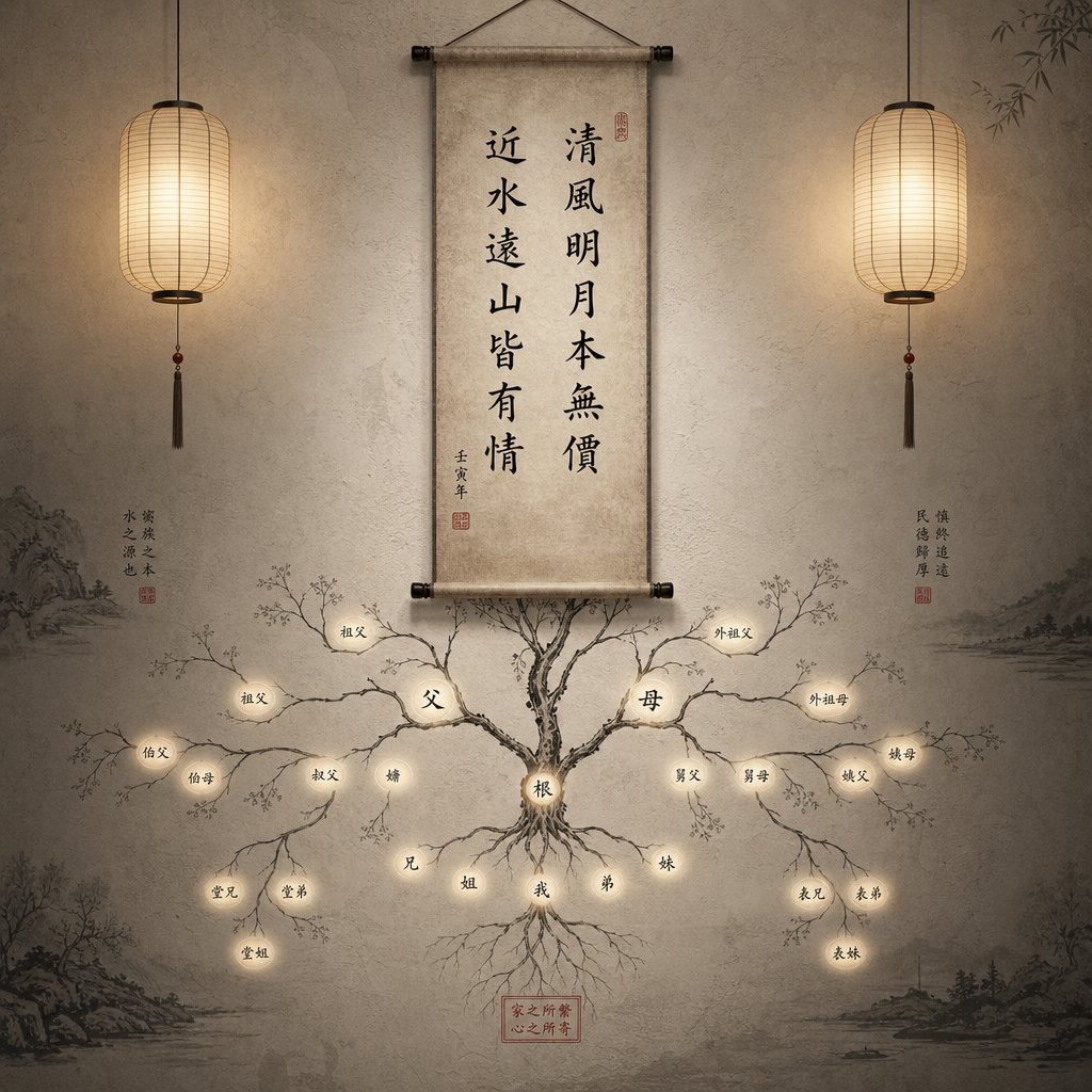 a generational name poem scroll with branching family lines showing how each generation receives its unique shared character
