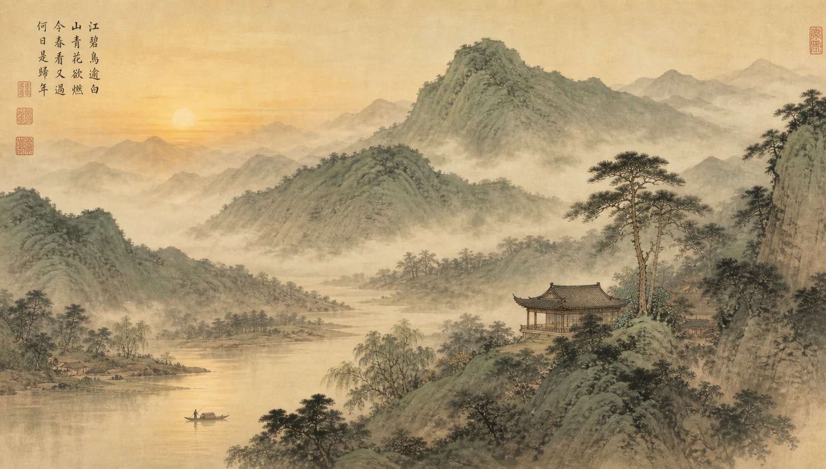 a harmonious landscape illustrating feng shui principles where mountains shelter from wind and water retains vital energy