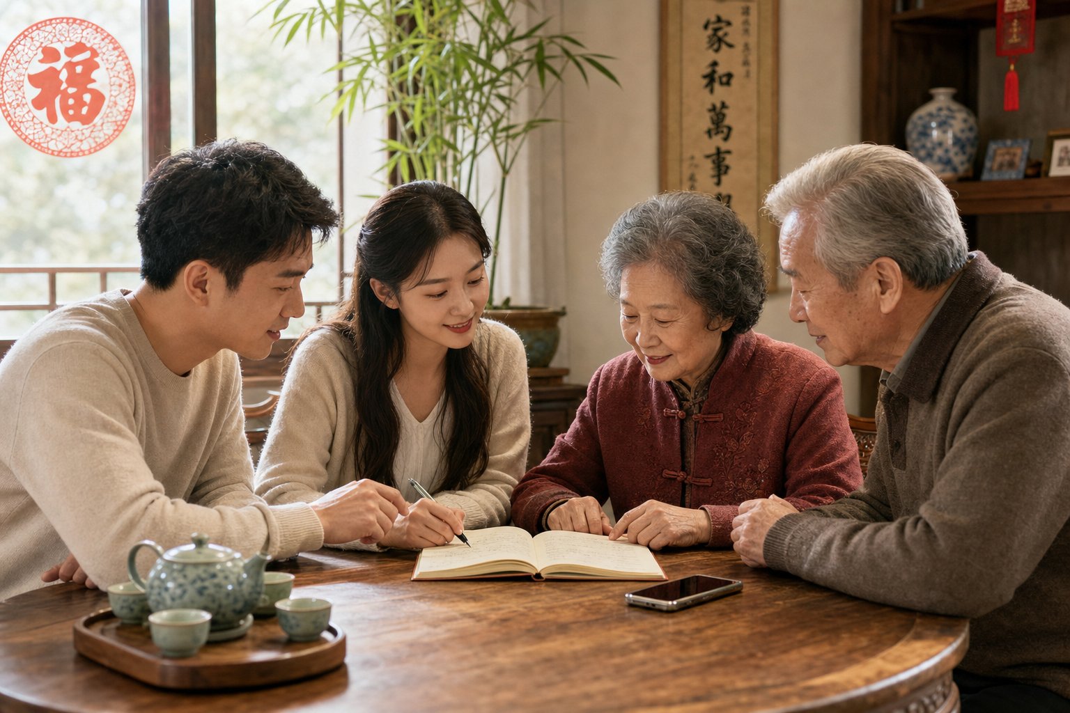 a modern chinese family consulting elders during the baby naming process
