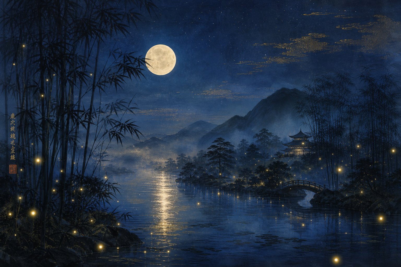 a moonlit japanese landscape evoking the mysterious beauty behind rare and dark themed name meanings