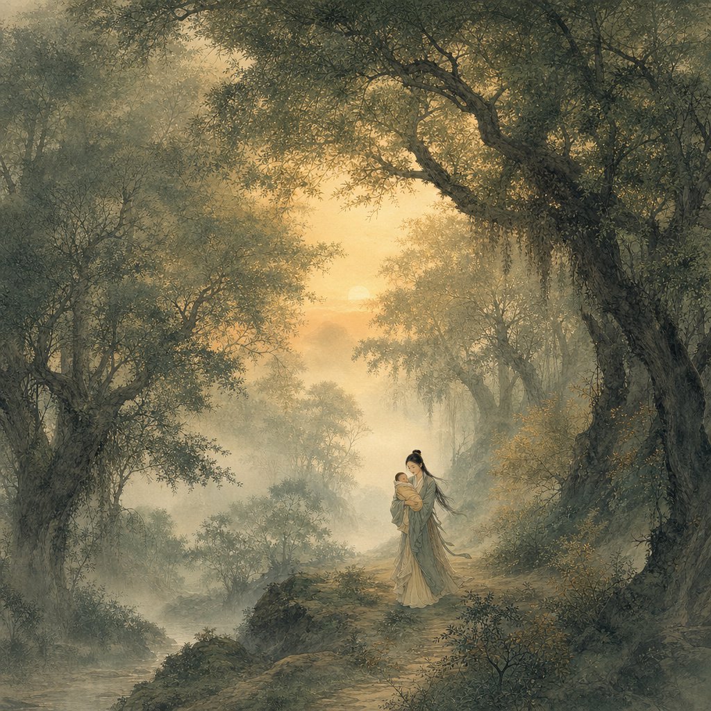 a mother and child finding refuge in an ancient forest echoing the lin surname origin story