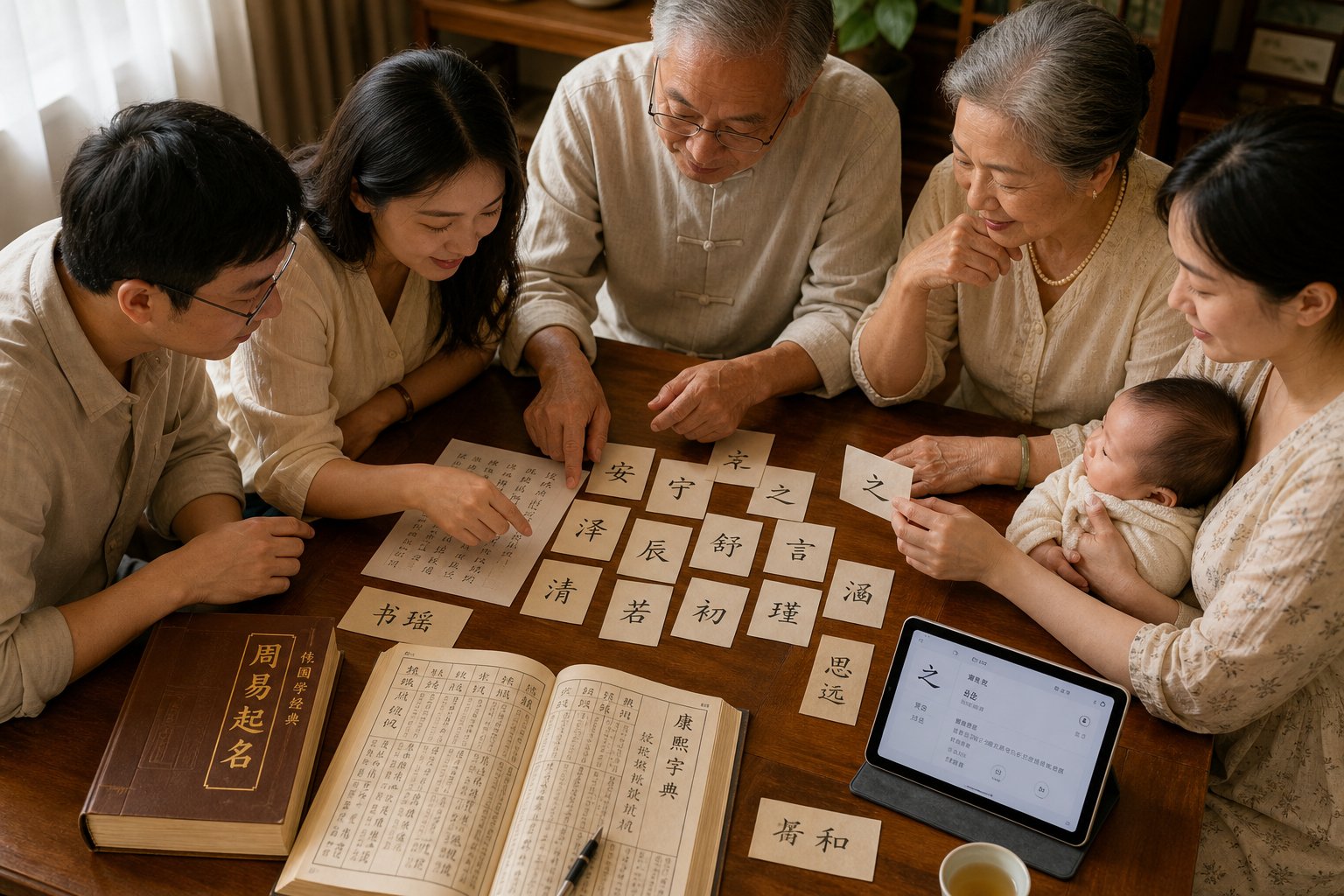 a multigenerational family collaborating on choosing a meaningful gender neutral chinese name
