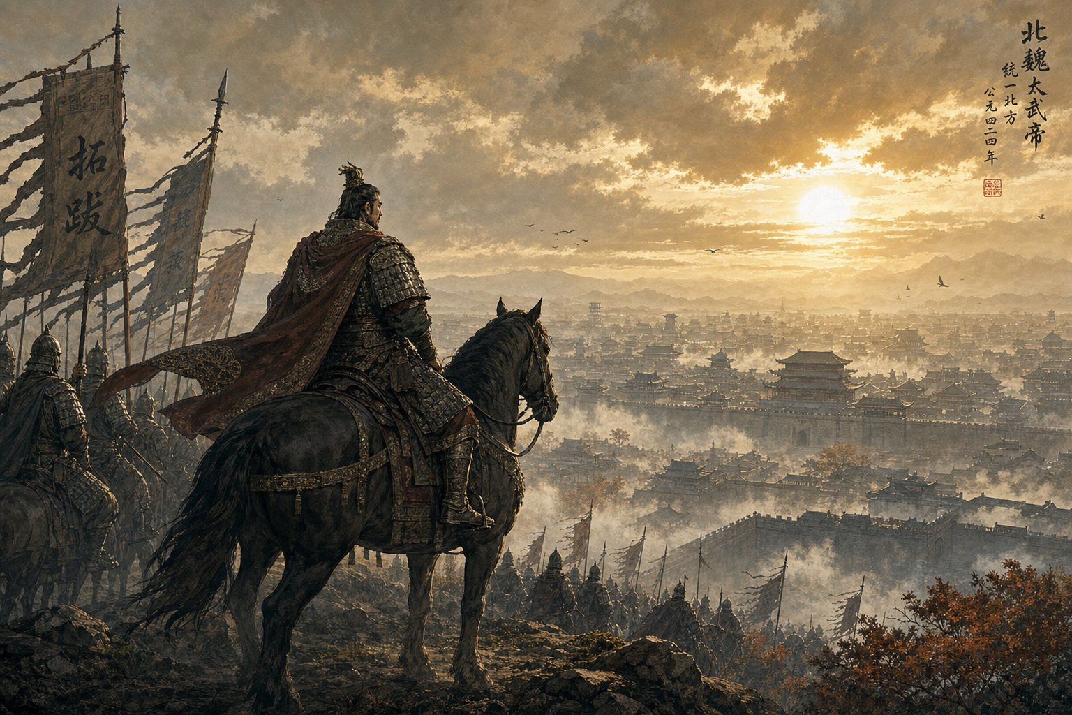 a northern dynasties military commander surveying his domain evoking the rise of the gao clan to imperial power in 6th century china