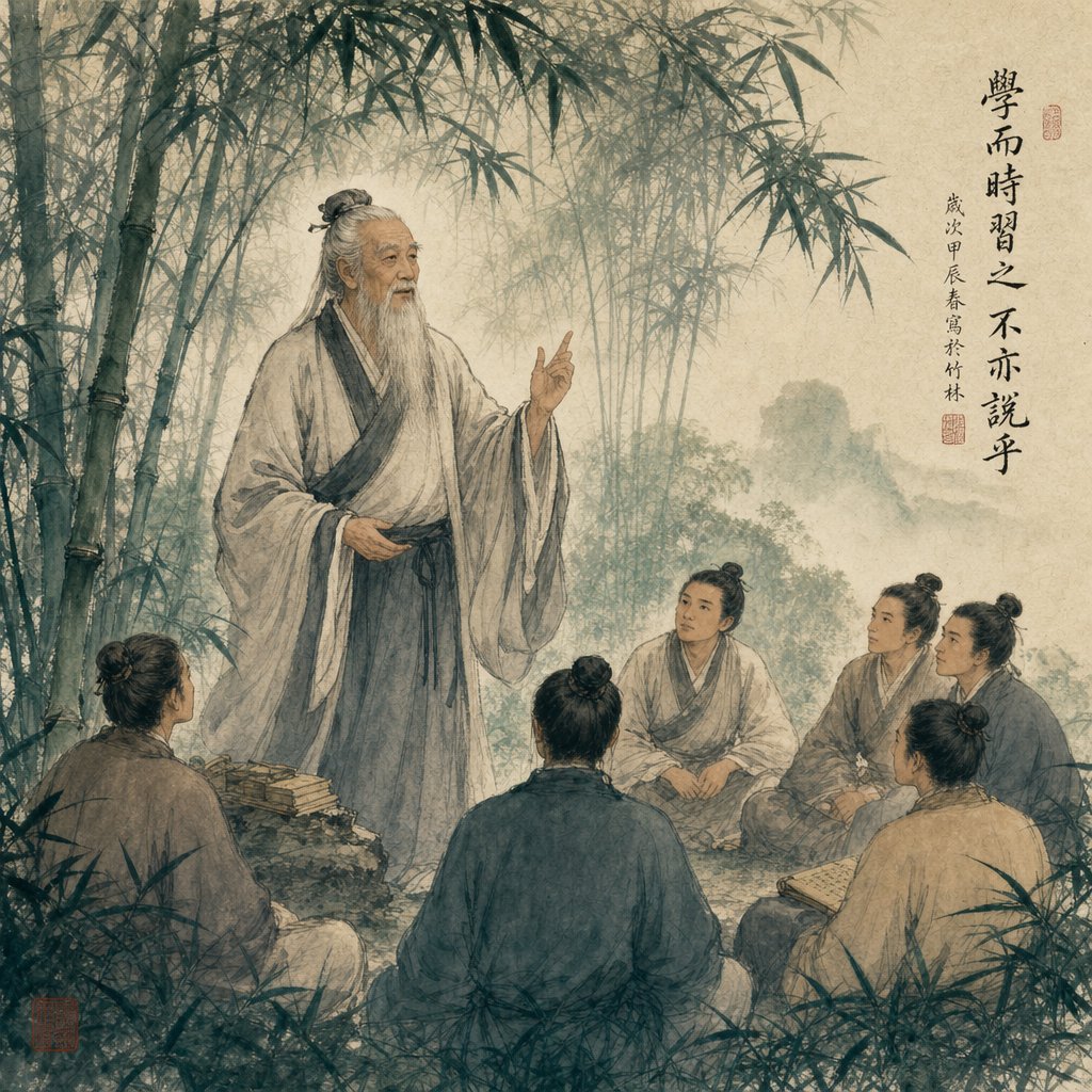 a philosopher teaching in a bamboo grove evoking confucius's doctrine that correct naming sustains social harmony