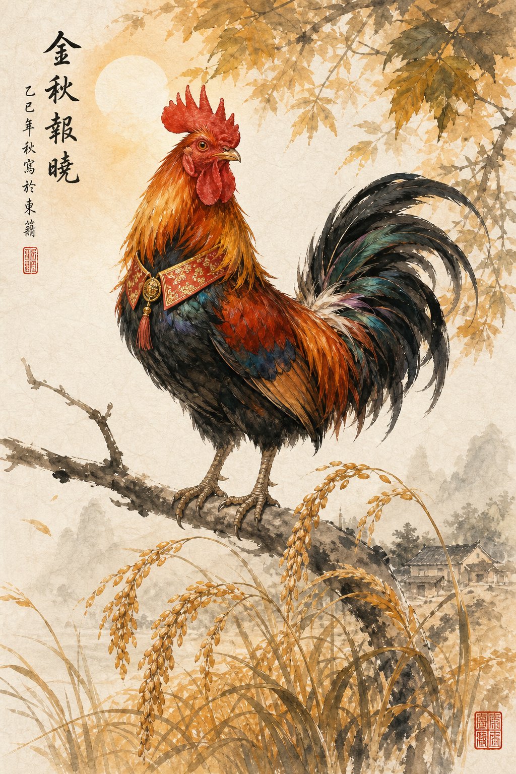 a rooster among grain and silk elements representing the auspicious radicals used in rooster year baby naming