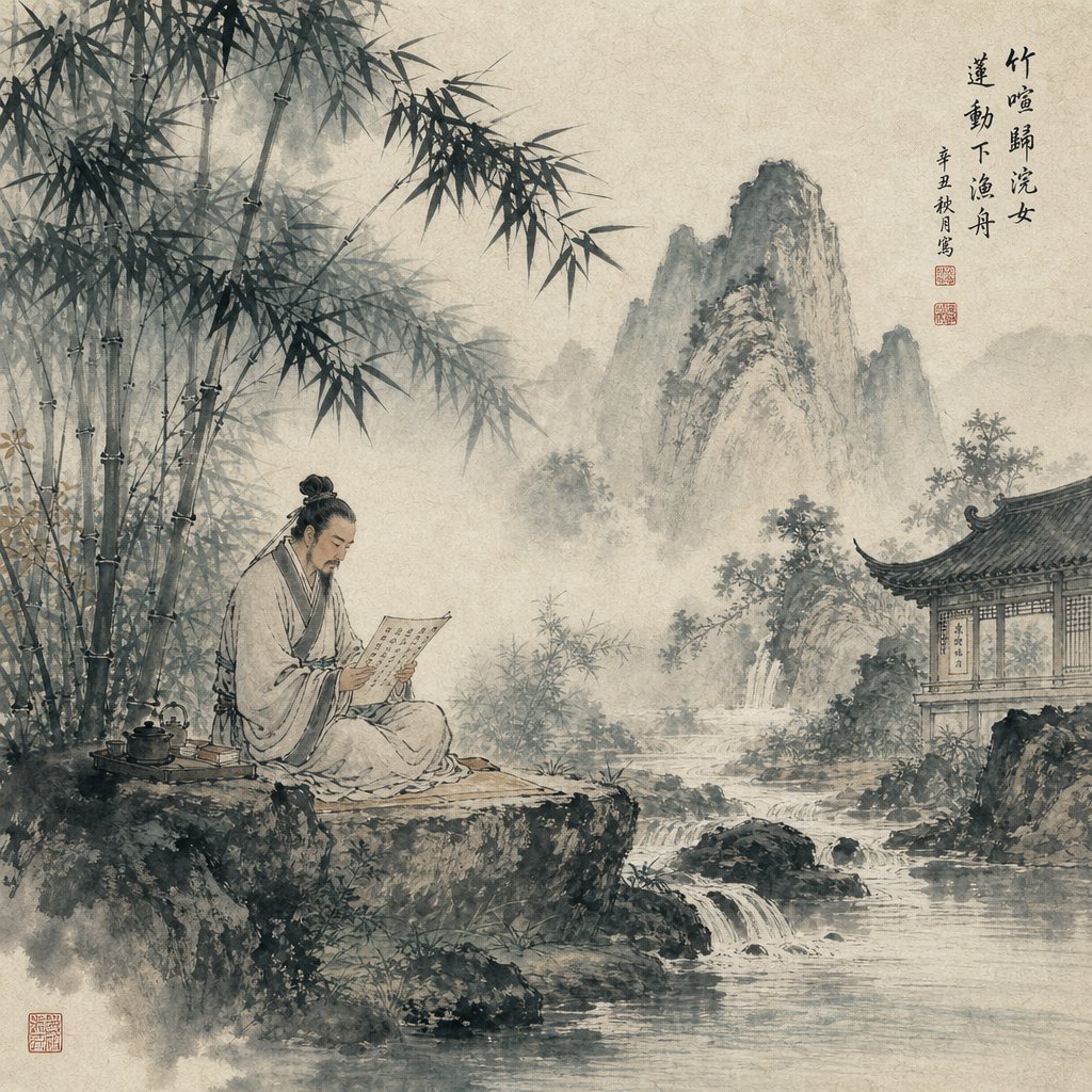 a scholar contemplating classical texts in a tranquil garden reflecting the confucian and daoist roots of harmony