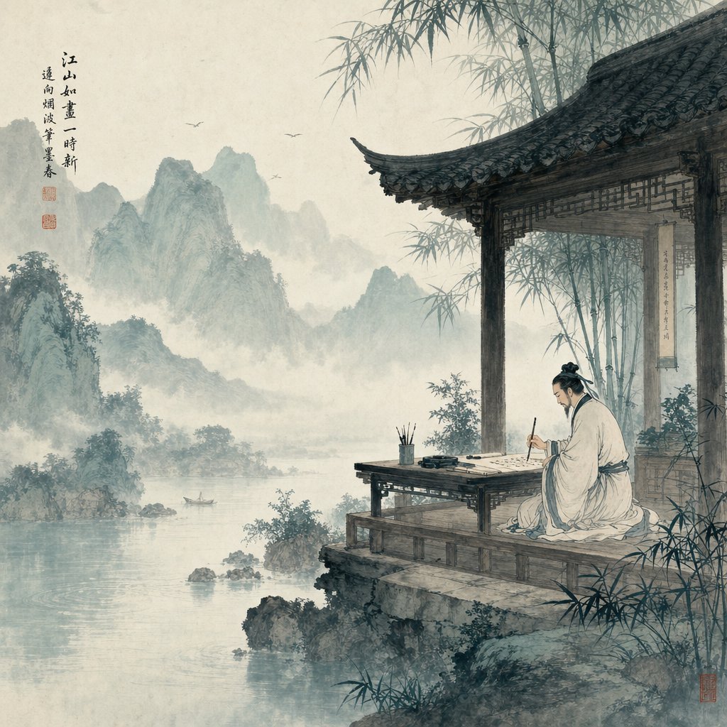a scholar practicing calligraphy in a mountain pavilion evoking the artistic legacy of the wang clan