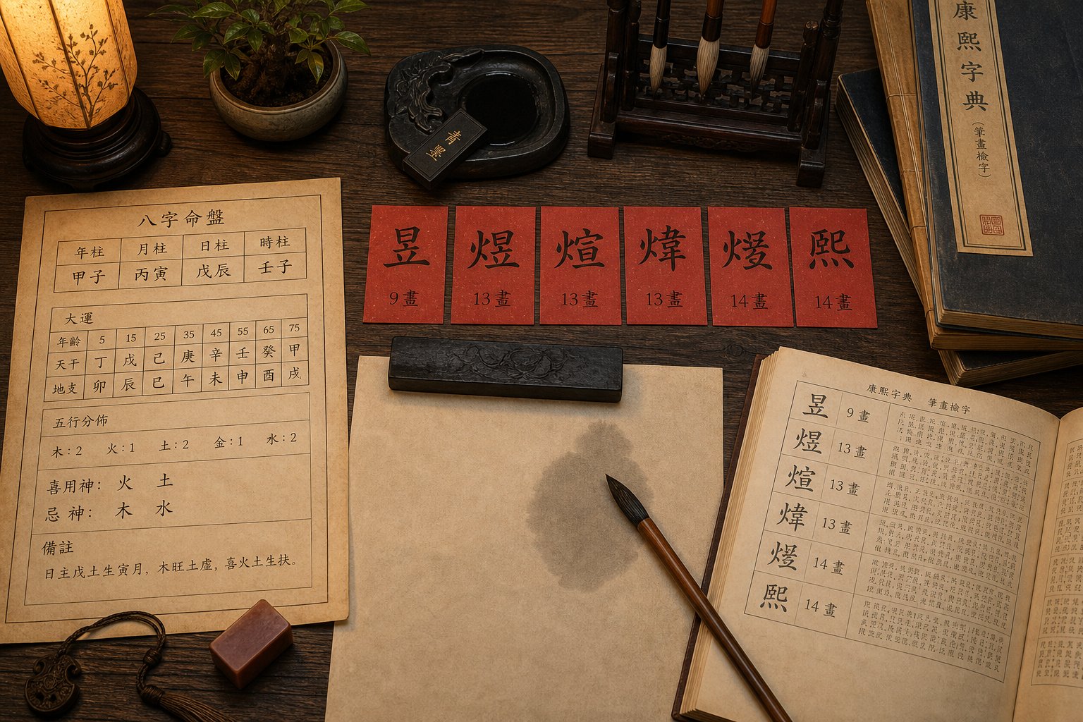 a scholar's workspace showing the step by step process of selecting auspicious characters for the snake year