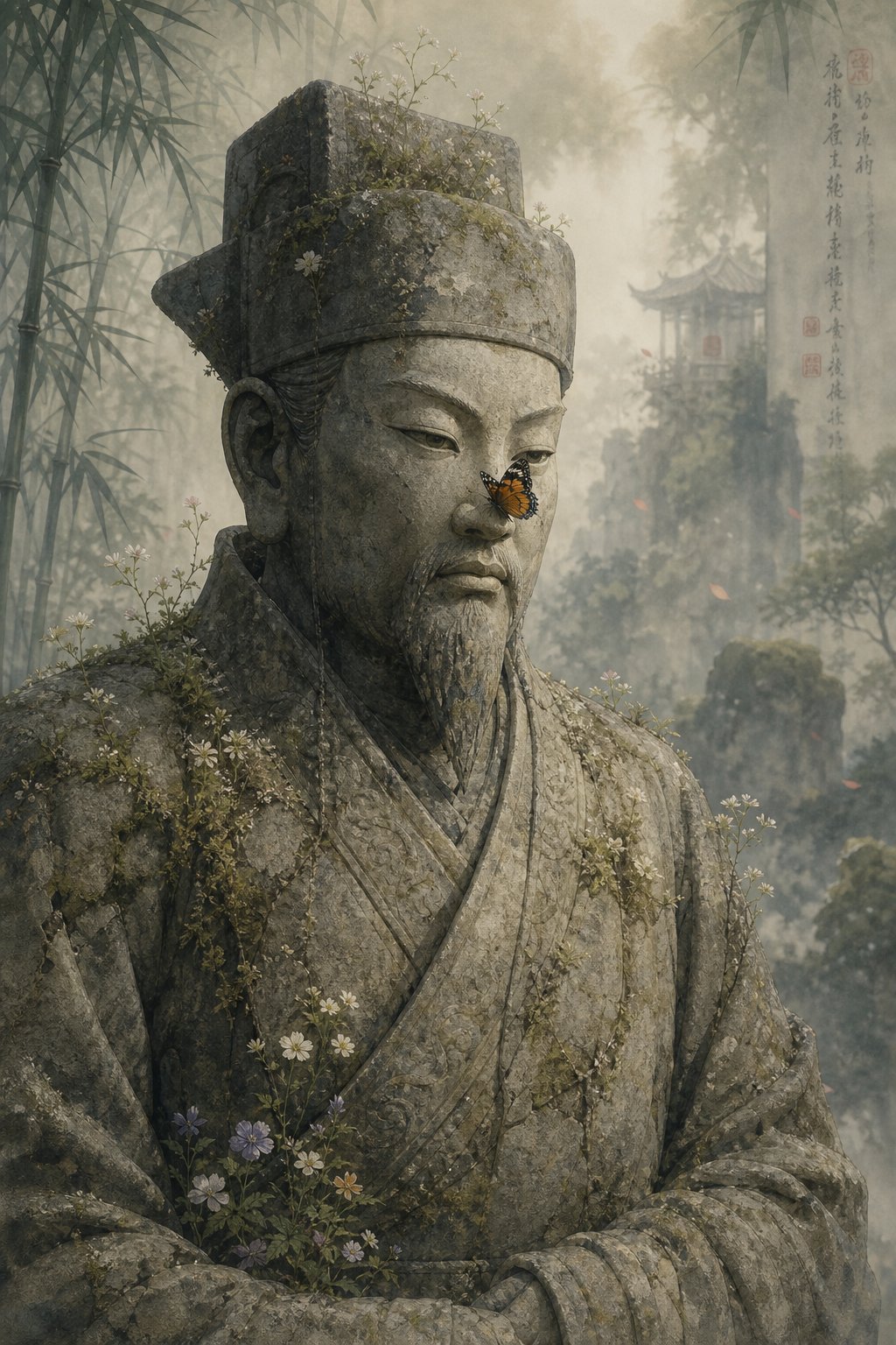 a solemn stone scholar overtaken by butterflies and wildflowers representing the irony of zhuangzi's dignified name and playful philosophy