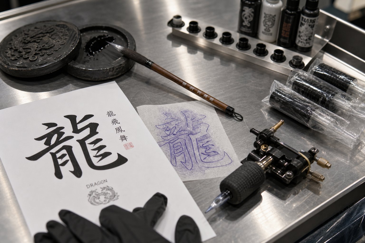 a tattoo artist's preparation setup showing printed character references and tools essential for accurate chinese character tattoo execution