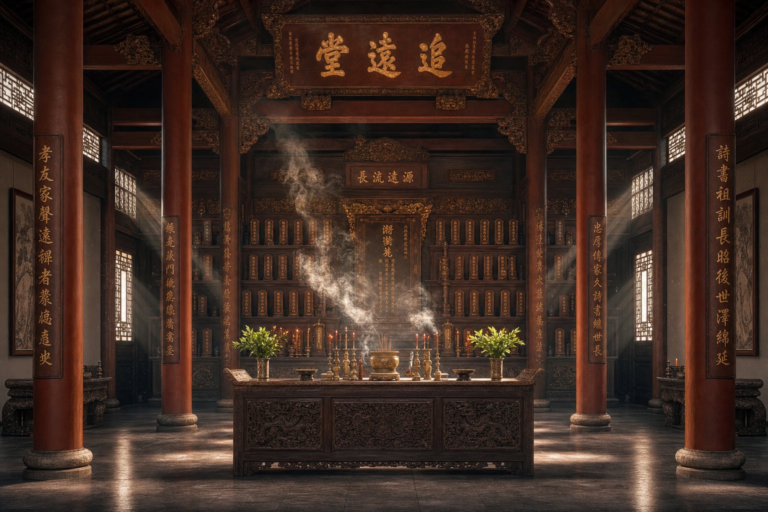 a traditional chinese ancestral hall where huang clan families gather to honor their lineage and maintain genealogy records