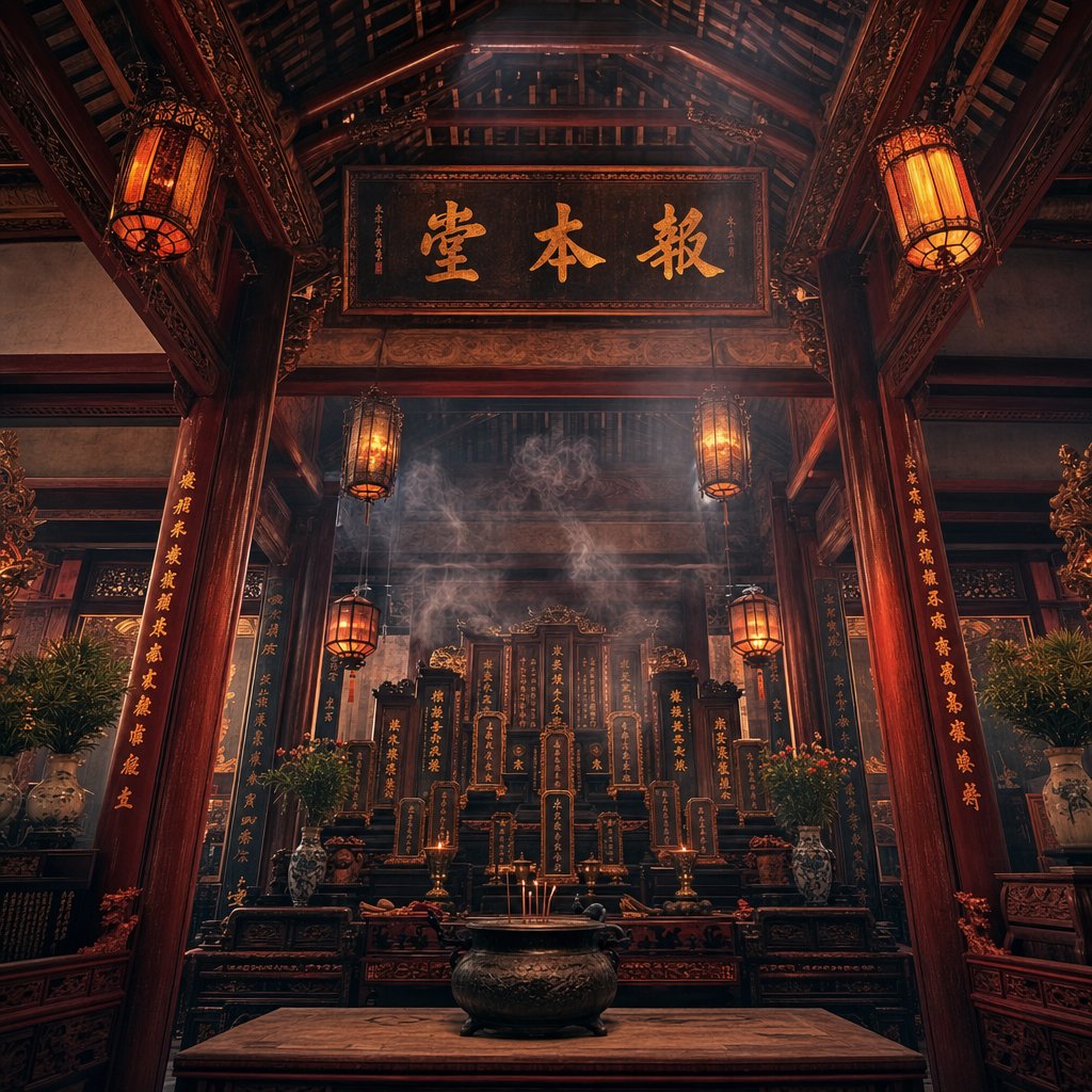 a traditional chinese ancestral hall where lin clan members gather for ceremonies and heritage preservation