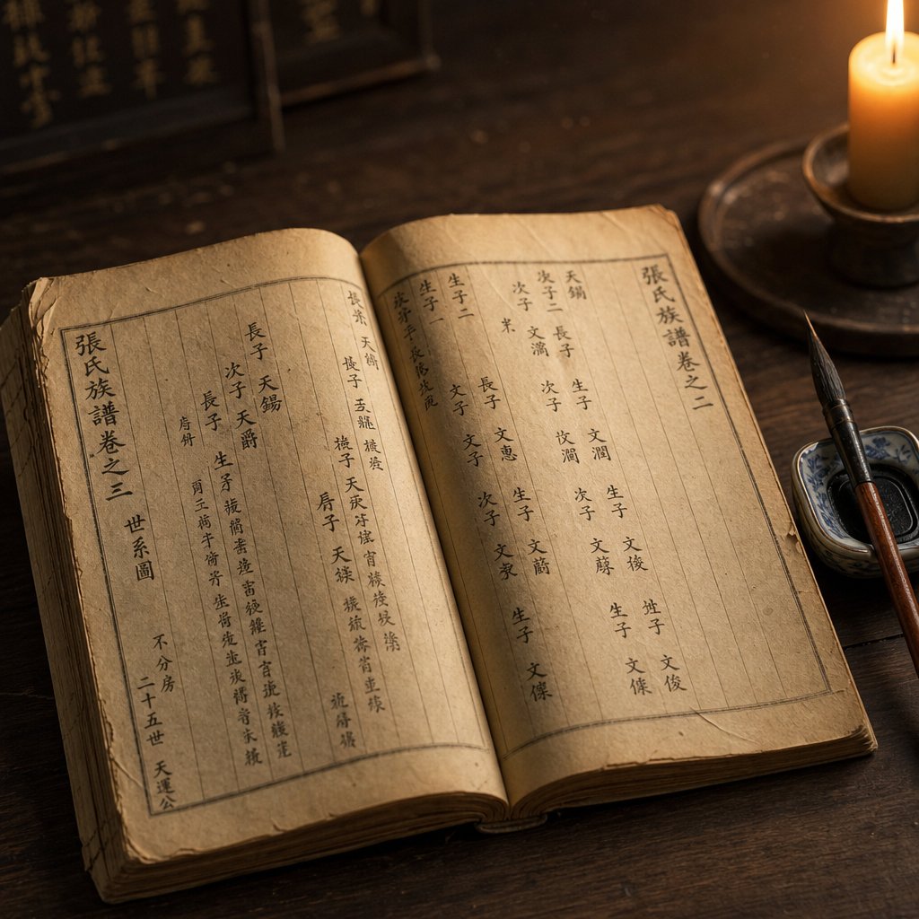 a traditional chinese clan genealogy book (zupu) recording generational names and family lineage across centuries