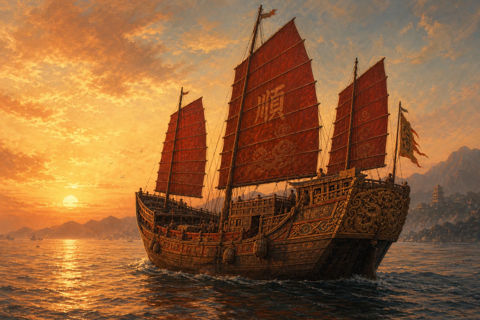 a traditional chinese sailing vessel representing centuries of maritime migration that spread the liu surname across the globe