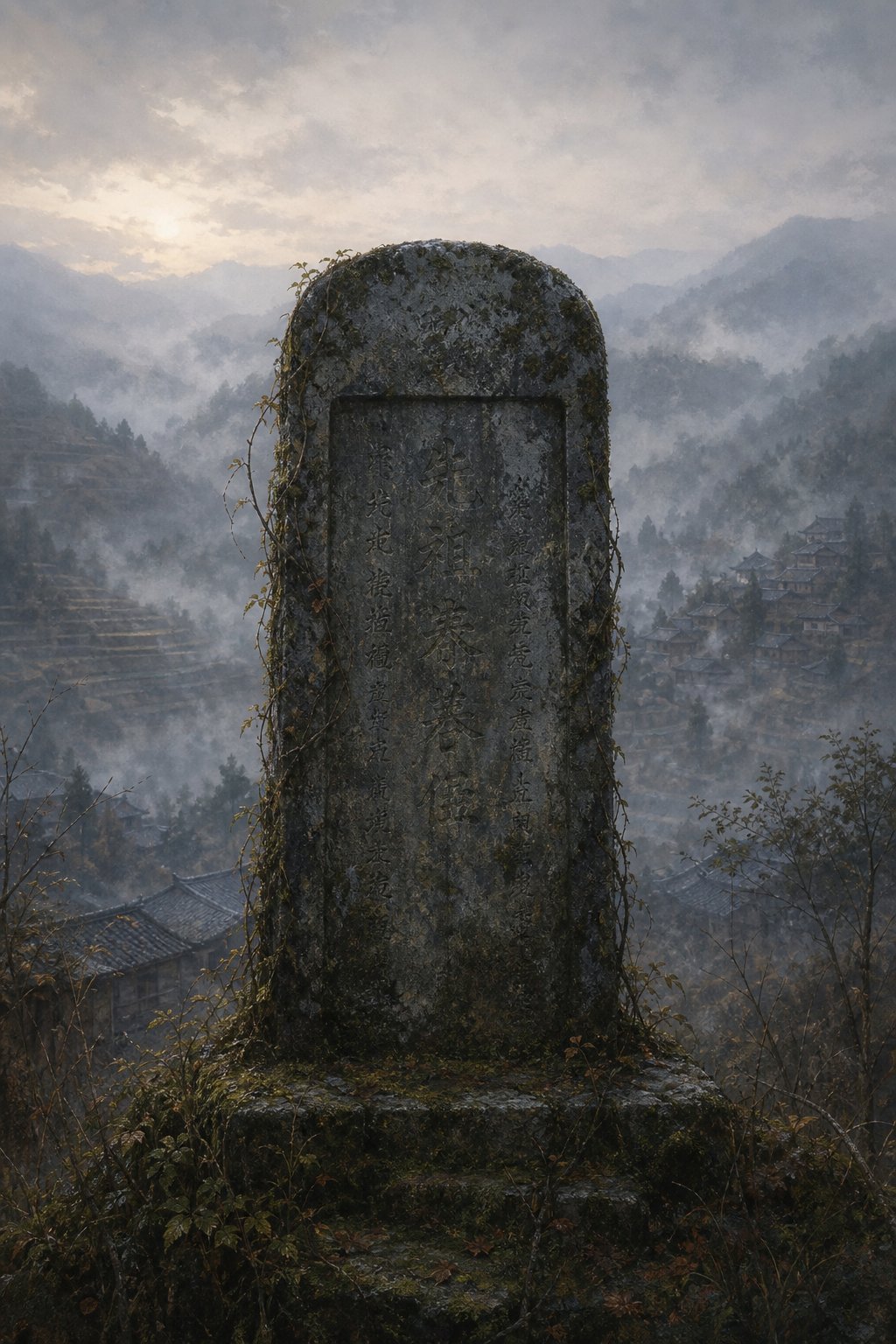 a weathered memorial tablet in a remote chinese village symbolizing surnames lost through centuries of upheaval and migration