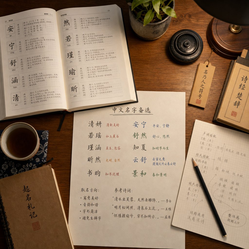 a workspace for crafting chinese names showing character references and handwritten candidates during the selection process