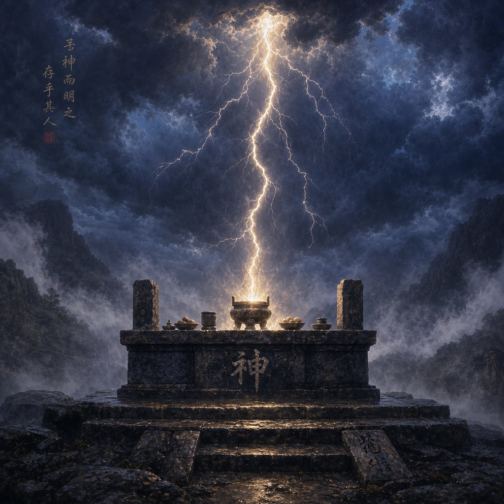 an altar beneath lightning visualizing the radical components of 神 sacred space meets heavenly power