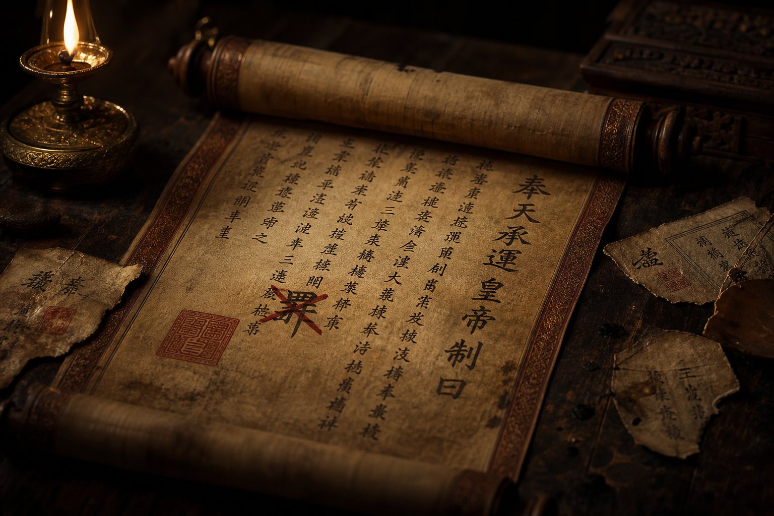 an imperial scroll with a forbidden character struck through in red representing naming taboos