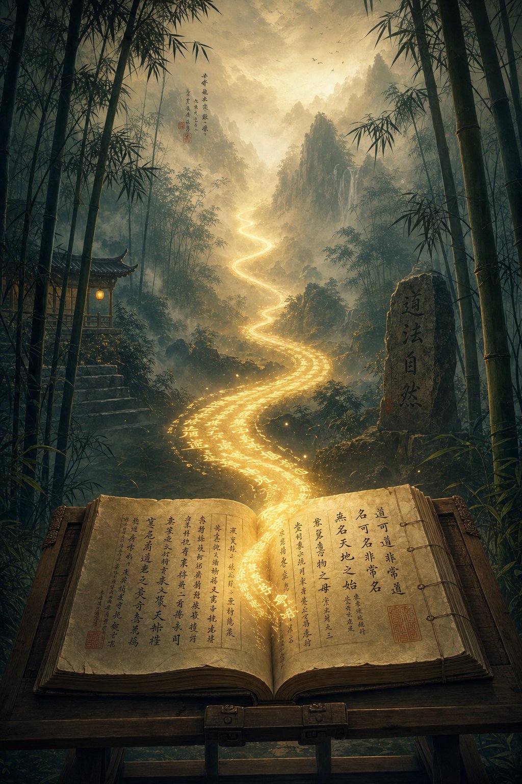 an open philosophical text with a luminous path leading into a bamboo forest symbolizing the reading journey through the zhuangzi