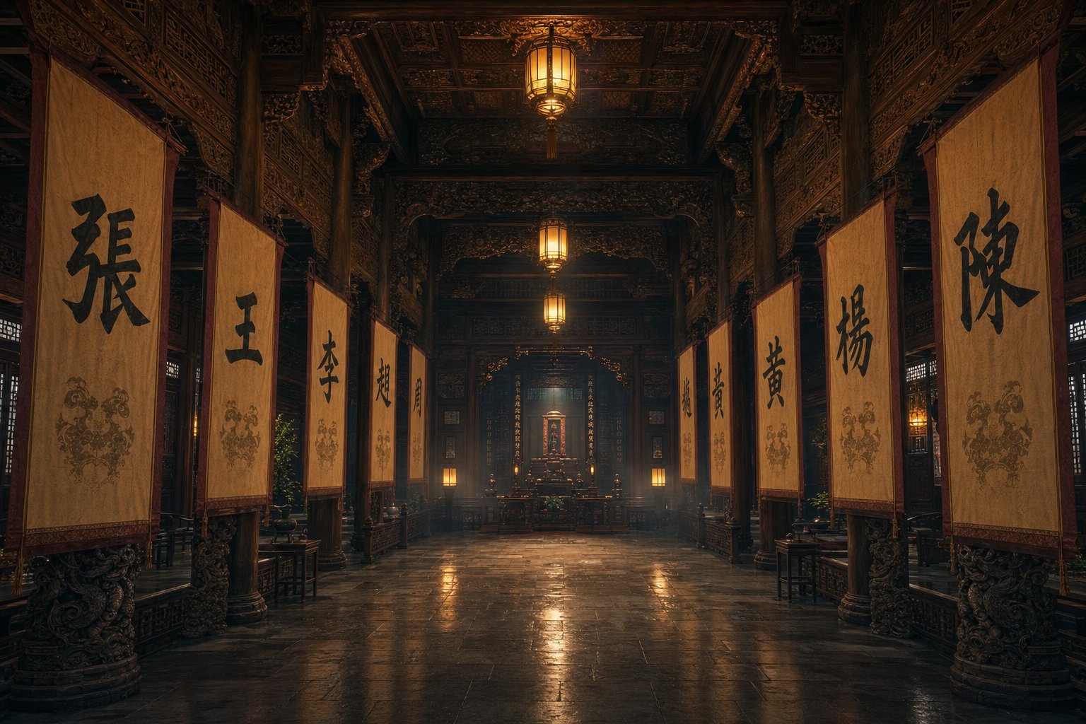ancient clan hall with surname banners representing the weight of lineage in chinese fantasy naming