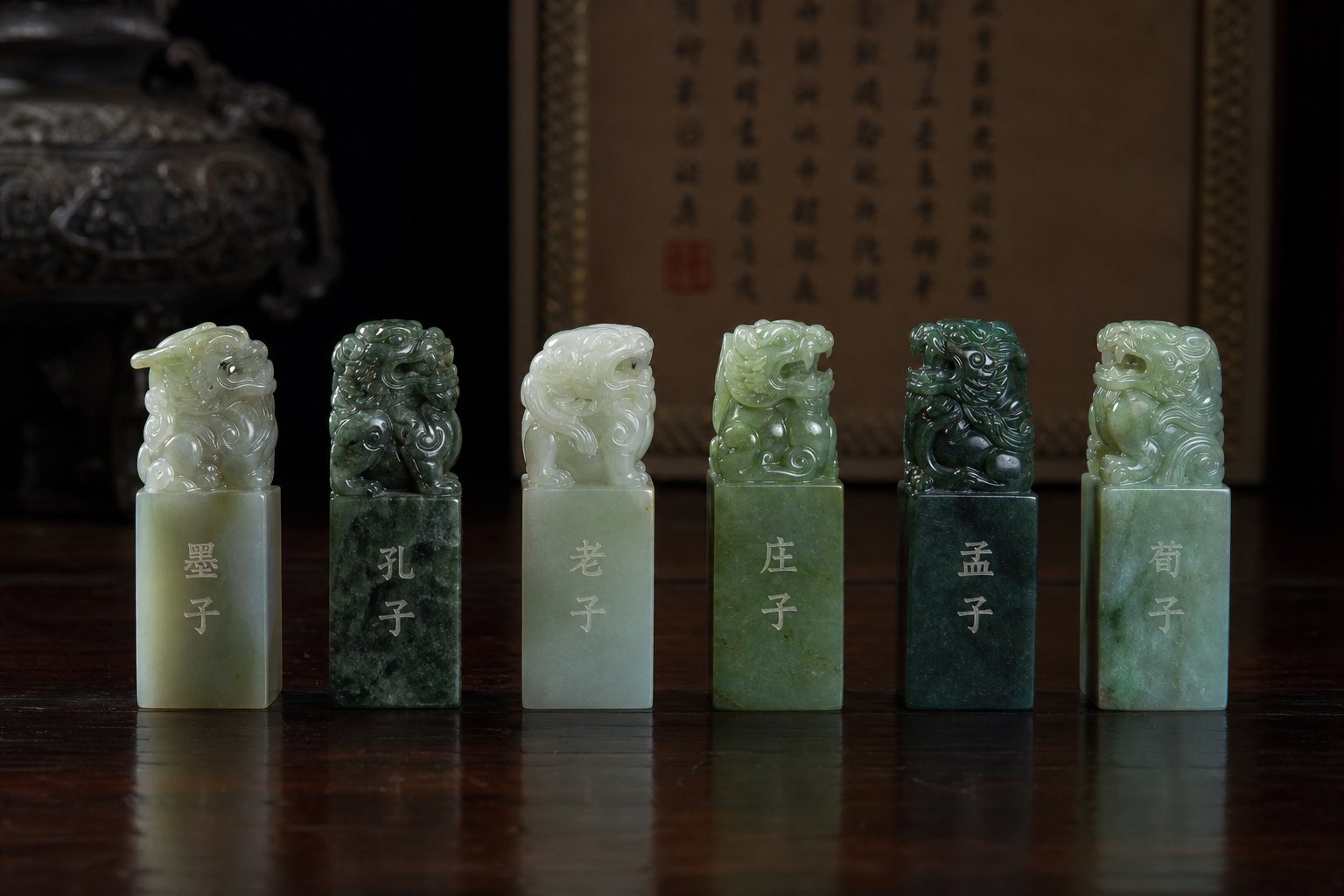 ancient jade name seals representing the shared 子 (master) honorific tradition among chinese philosophers