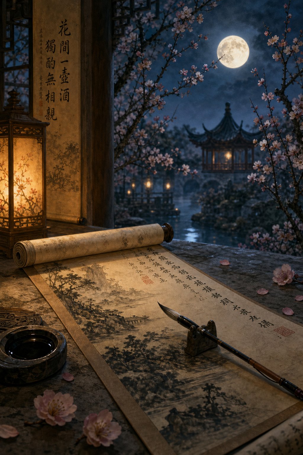 ancient poetry scrolls in a moonlit garden representing the literary sources of rare chinese names