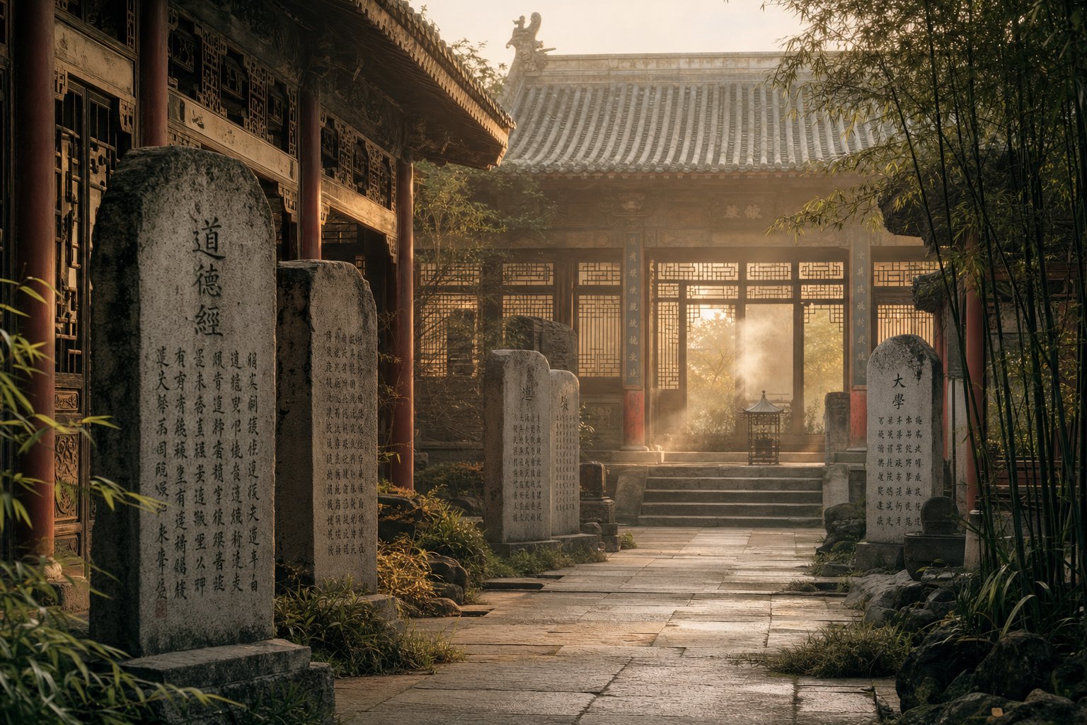 ancient temple courtyard evoking the confucian philosophical tradition behind virtue themed chinese names