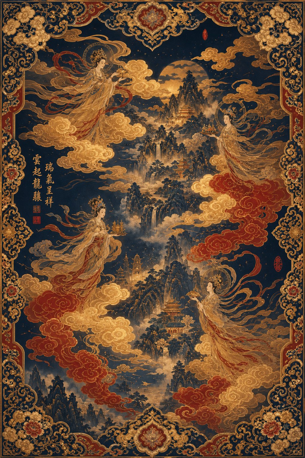 auspicious cloud motifs (祥云) symbolizing divine blessing in traditional chinese art
